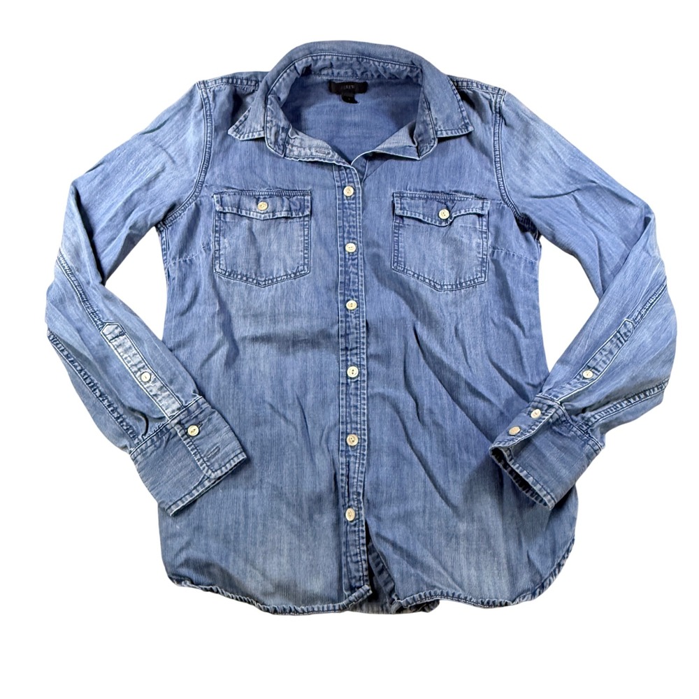 J. Crew Womens Chambray Button Down Shirt 2 Blue‎ Cotton Lyocell Indigo Wash